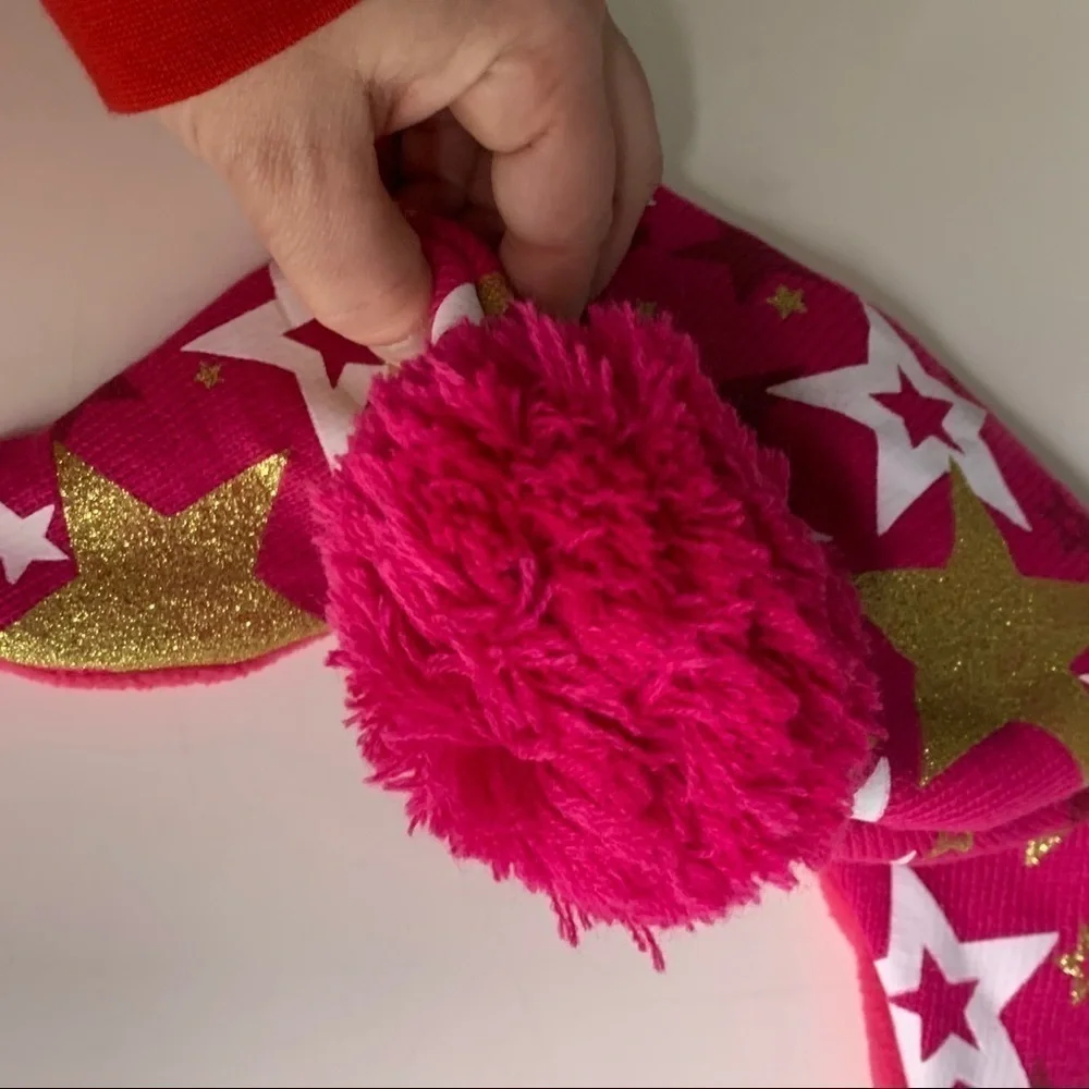 Pink metallic gold Star Pom Pom Winter Trapper Hat Ear Cover o/s